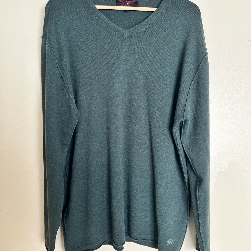 Raw 7 USA 100% Cashmere XXL Green V-Neck Sweater Long Sleeve